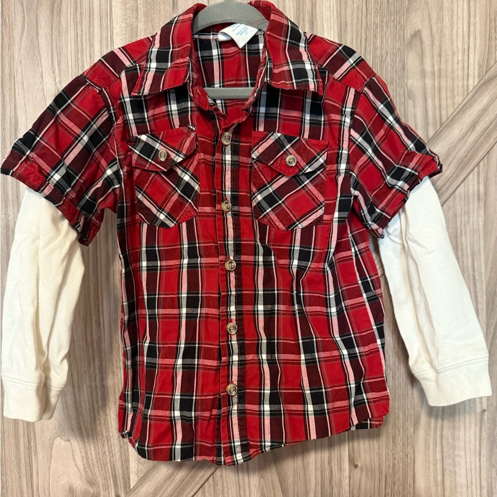 Wonderkids Red Plaid Button Down Shirt with White Sleeves